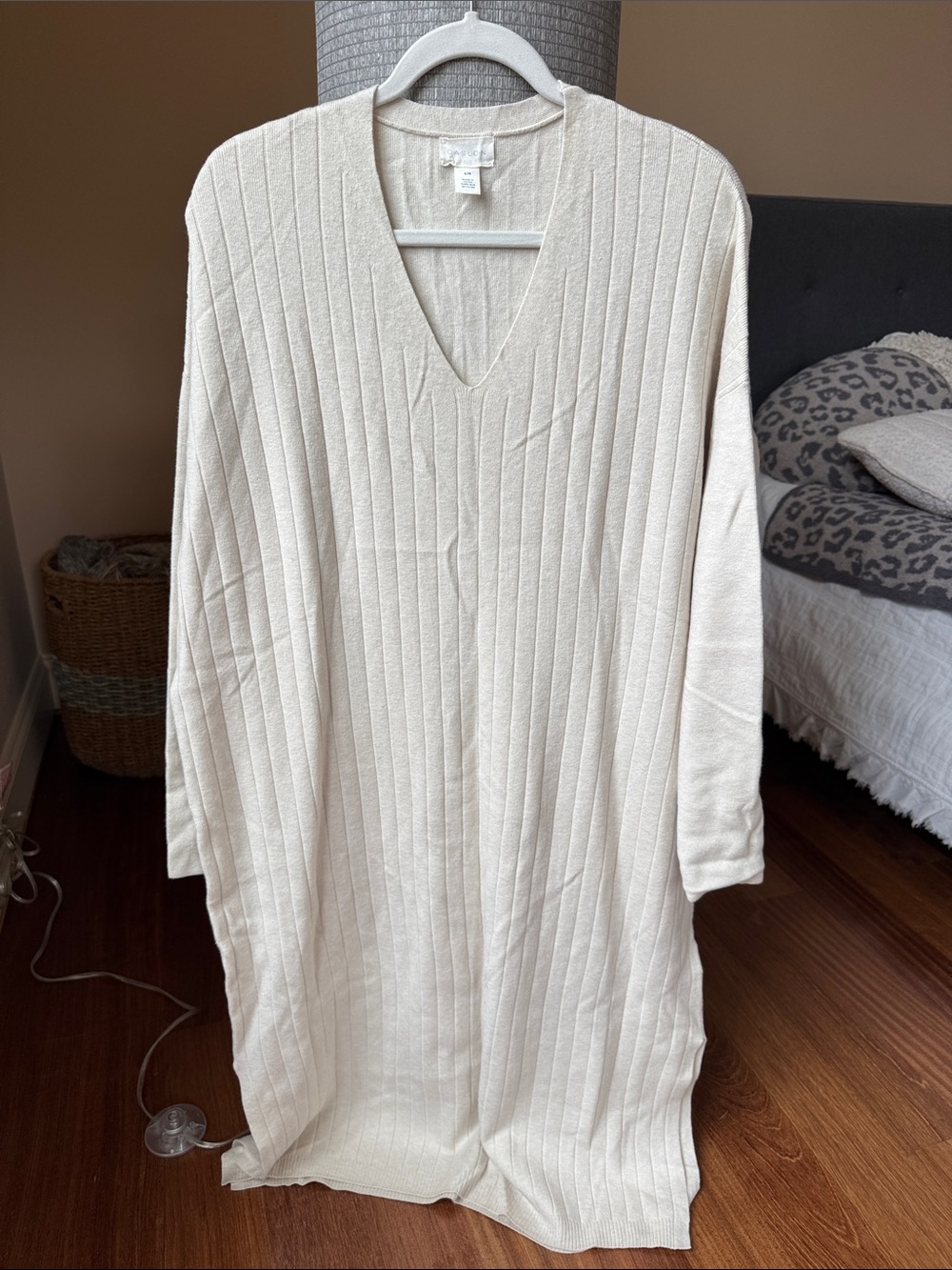 Caslon Ribbed V-Neck Long Sleeve Dress in Light Beige